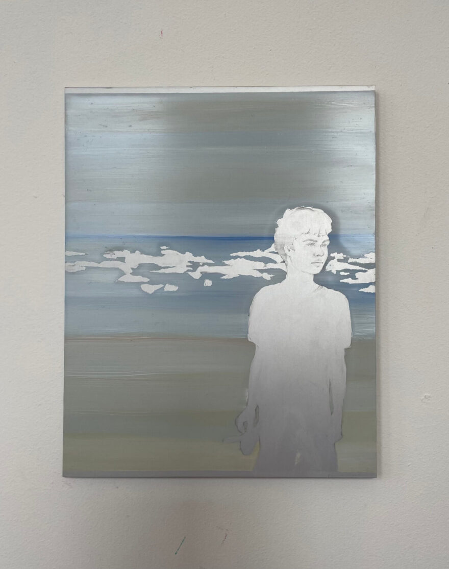 Image of boy looking out, painted into aluminium.
